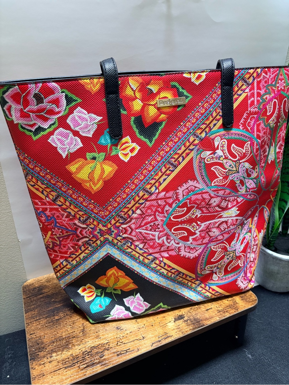 Desigual | Floral Shopper Large Tote Bag "Folklore Cards" - Red/Pink/Black - Picture 1 of 12